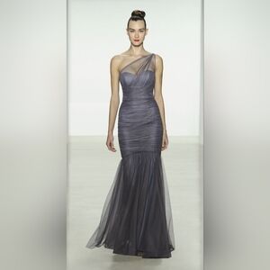 Amsale One Shoulder Tule Wrap Mermaid Gown Gray Size 6